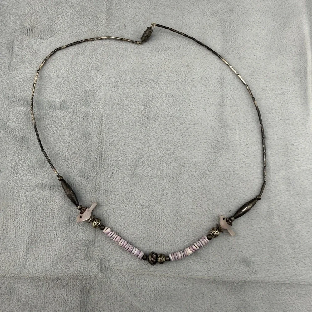 Vintage Fetish Necklace‎ Birds Purple Beaded Shell Silver Tone 19